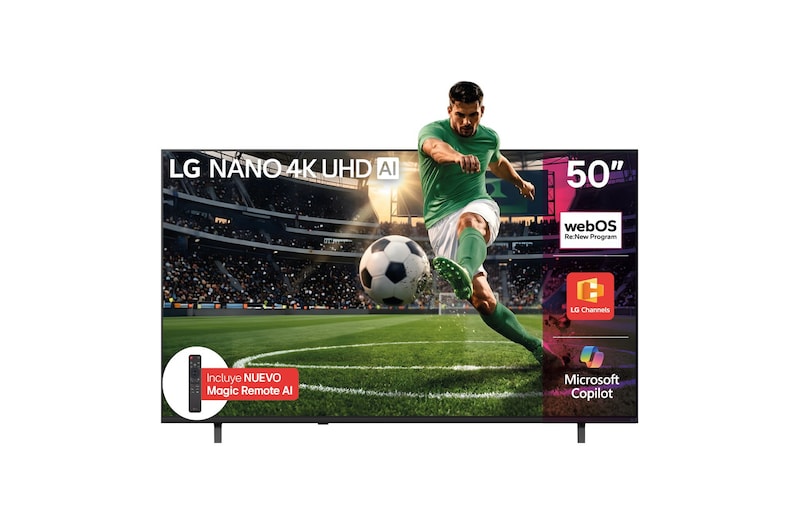 Vista frontal de TV LG NANO 4K UHD AI NU855 de 50 pulgadas 2026 50NU855BPSA